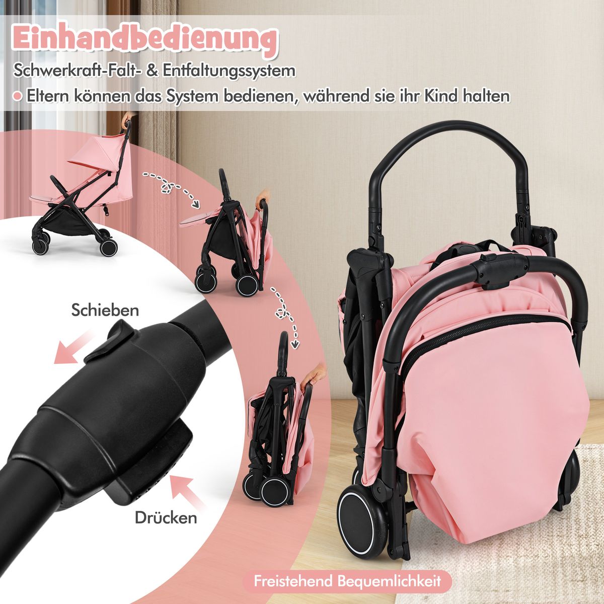 Coast Kinderwagen - inklapbaar reisbuggy - verstelbare rugleuning en voetsteun - roze