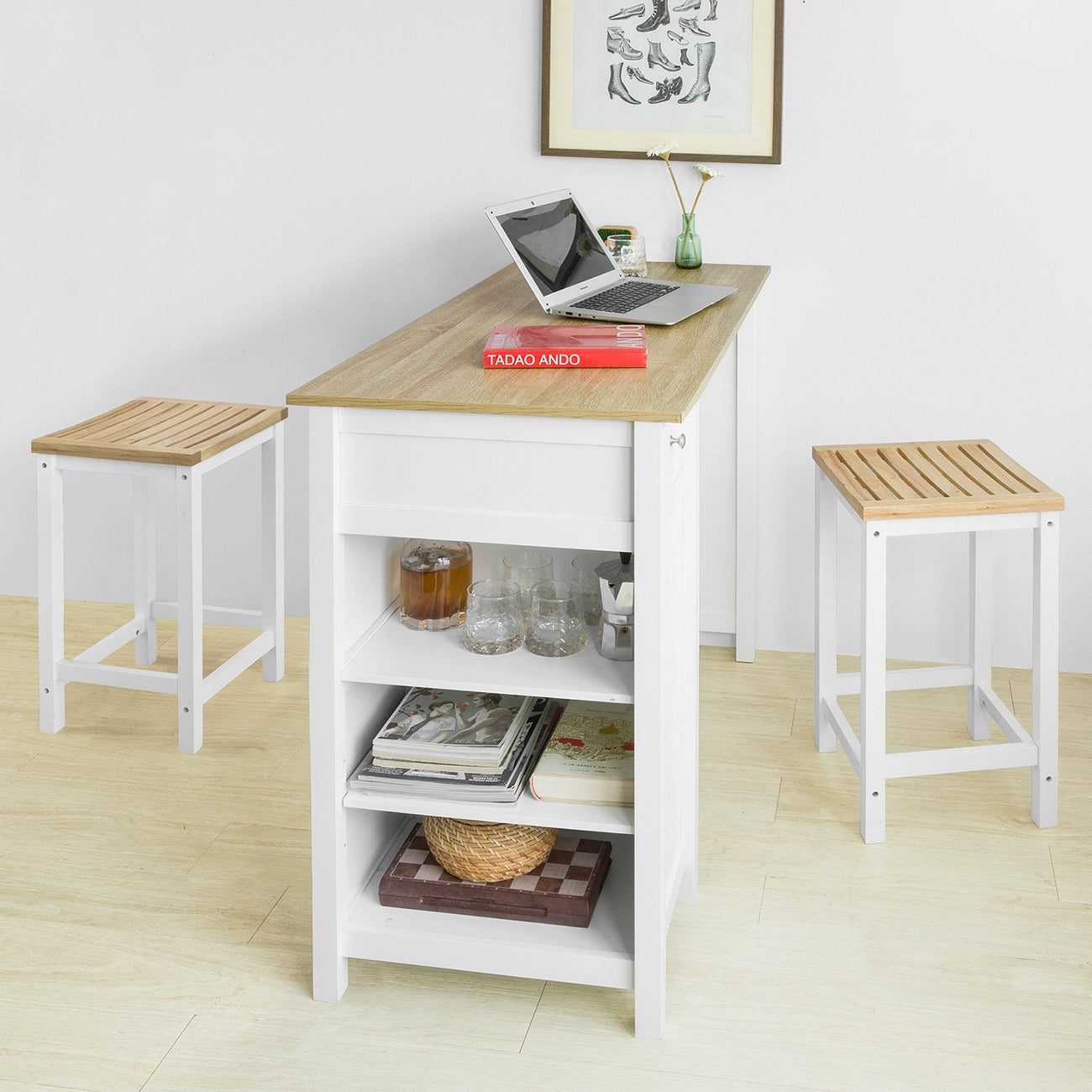 SoBuy Keukentafel met opbergplanken - 120 x 55 x 90 cm - Wit