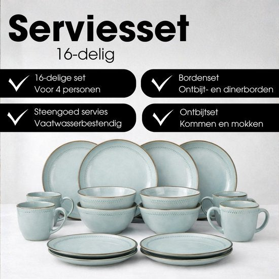 Mica Decorations Racco Serviesset 16-Delig - 4 Persoons - Ontbijtborden, Kommen en Mokken en Dinrborden - Steengoed Servies - Vaatwasserbestendige Servies Set - Lichtgrijs