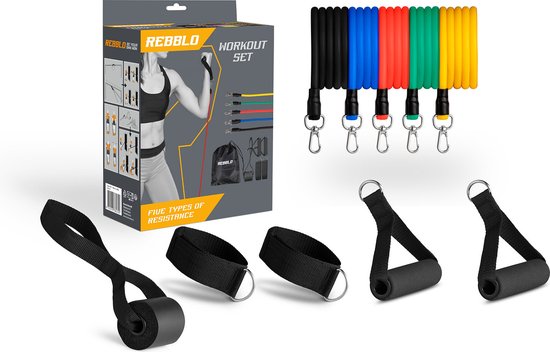 Rebblo - Home Workout Set – 10-delig – Weerstandsbanden – Enkelbanden – Handvaten – Deuranker – Fitness Set Incl. Opbergtas - 2/3/4/5/6 kg