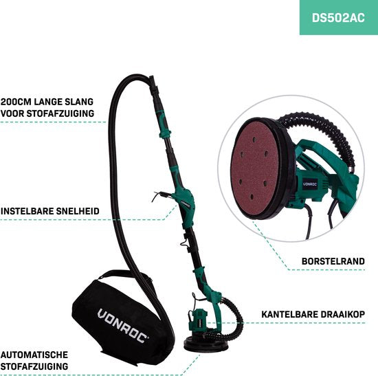 VONROC – Telescopische Plafondschuurmachine DS502AC – 1050W – Ø225 mm – Voor Plafond & Muur