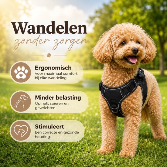 By Cee Cee Hondentuigje Hondenharnas - Anti Trek Tuig - Y Tuig Hond – Reflecterend Honden Tuigje – Zwart – Maat S