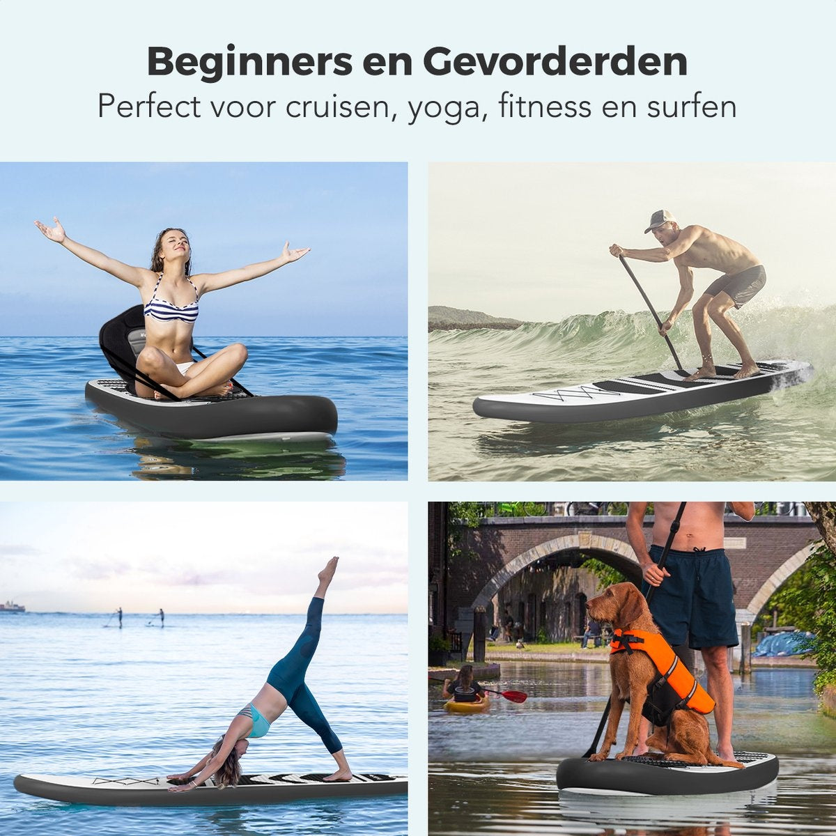 LifeGoods SUP Board - met Zitje - Opblaasbaar Paddle Board - Complete Set - Max. 135KG - 320x81cm - Wit/Zwart