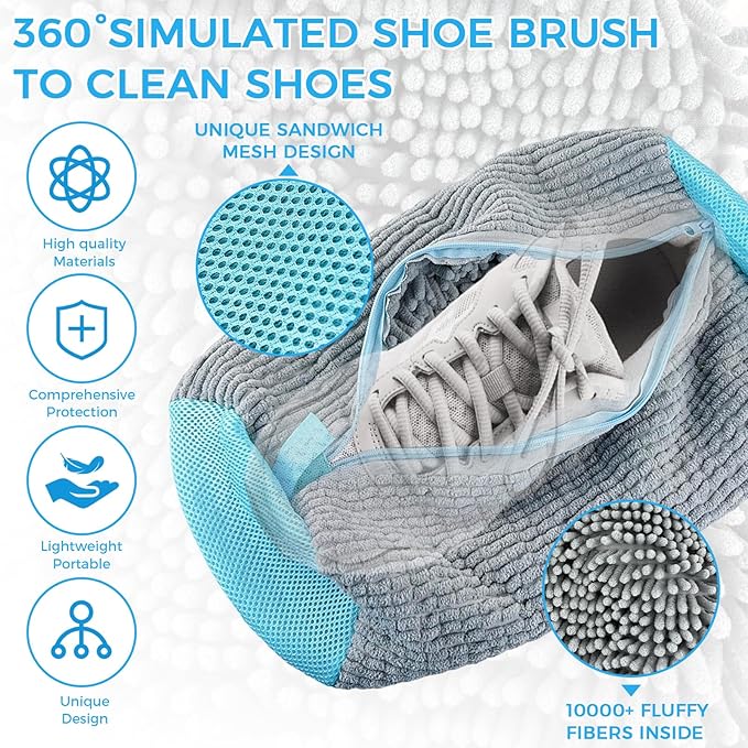 CNMTCCO - 2 stuks schoenwasmachinetas, Waszakken voor de Wasmachine met Ritssluiting, pluche schoenenwaszak,360° reiniging van de tas,multifunctionele bescherming voor sportschoenen - tennisschoenen -grijs