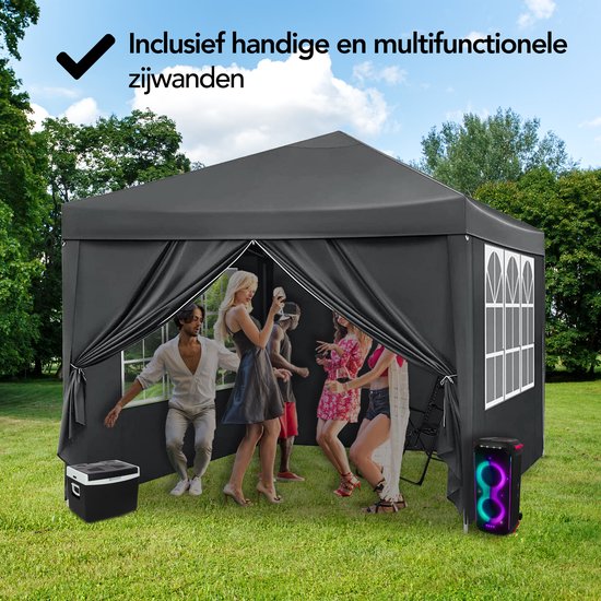 Brixy Partytent - Paviljoen - Easy Up - Opvouwbaar - Zijwanden - Waterdicht - Met Draagtas - 300 x 300 cm – Zwart