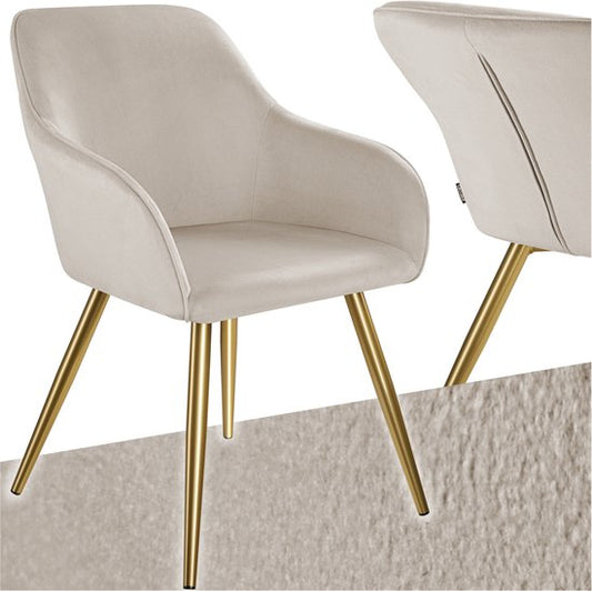 tectake® Eetkamerstoel Marilyn - Met Armleuningen - Elegante Stoel met Gevoerde Zitting in Fluweellook - Gestoffeerd - Gouden Metalen Poten - Ergonomische Keukenstoel - Stoel voor Woonkamer, Eetkamer en Slaapkamer - Taupe