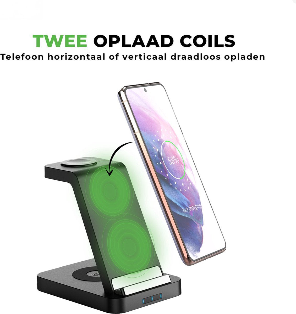 iSetchi Draadloos 3-in-1 Oplaadstation - LED-indicator - 15W Snelladen - Zwart