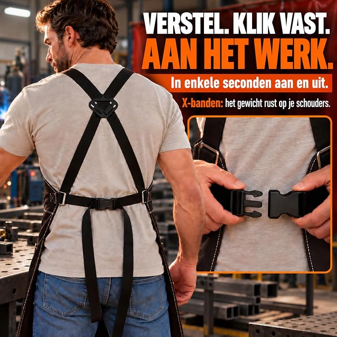 DIMWELD Leren Lasschort – 1,4 mm Rundleer – Hitte- & Vonkbestendig – 6 Gereedschapszakken