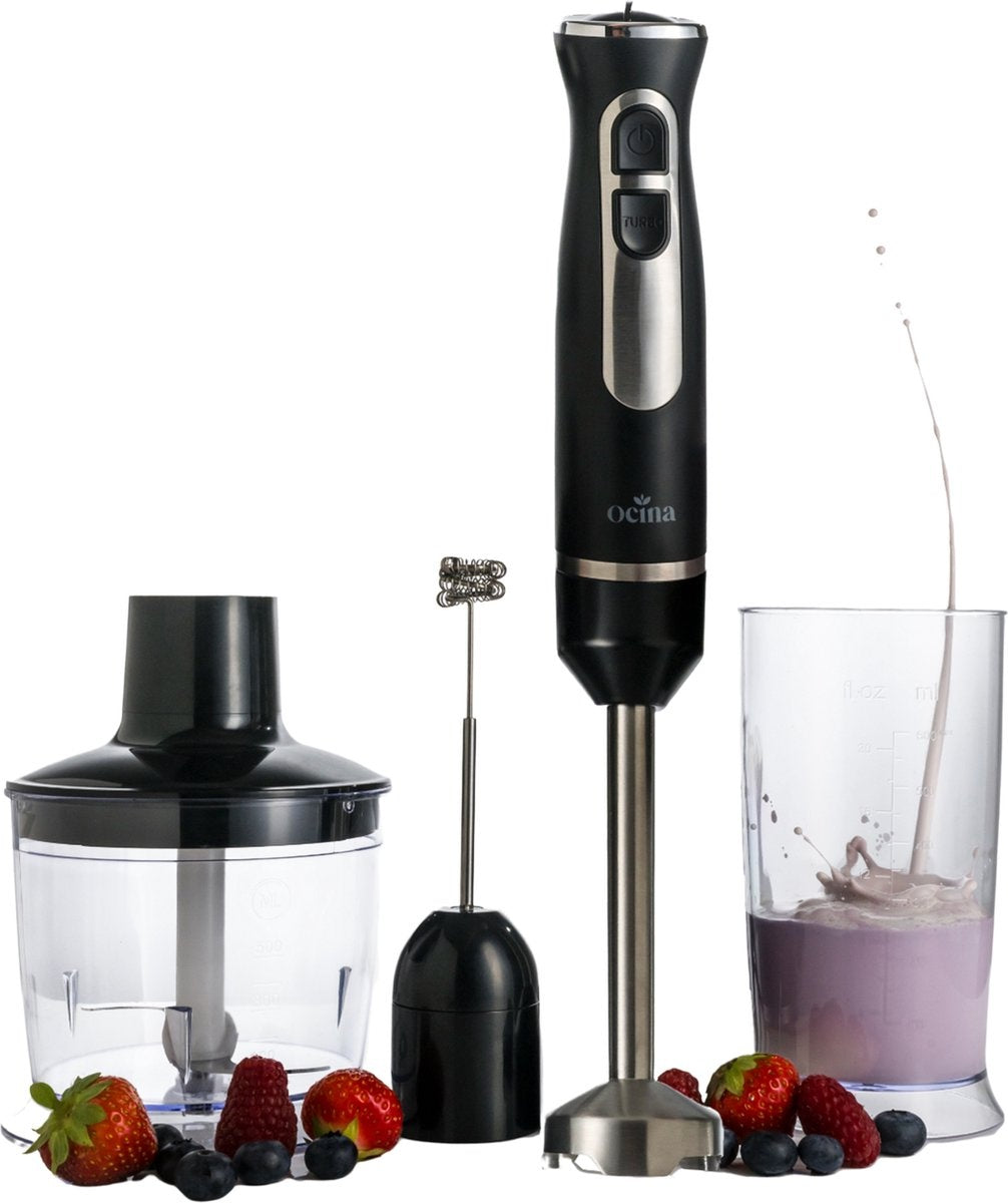 Ocina Staafmixer Set - 5-in-1 Mixer met Hakmolen - 800W - 600ML - RVS/Zwart