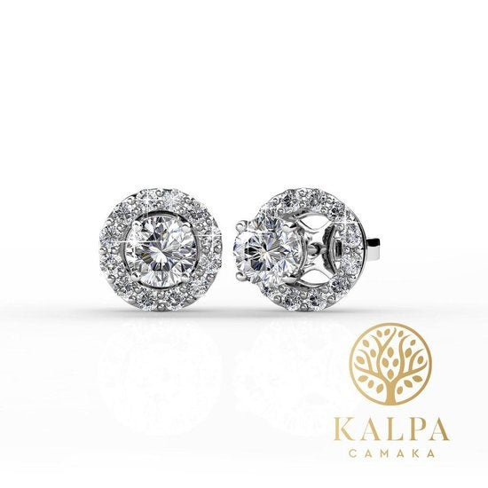 Yolora Dames Oorbellen met Ronde Kalpa Camaka Kristallen - Zilver kleurig - 18K Witgoud Verguld - Oorknoppen - Moederdag Cadeautje