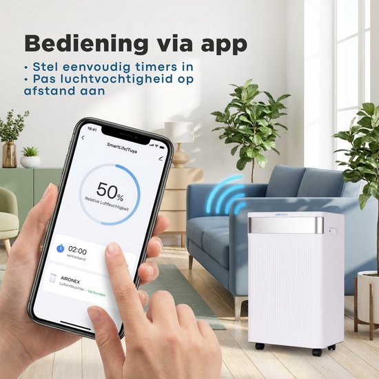 Aironex Luchtontvochtiger 20L per dag – Wasdroogfunctie – Tot 70 m² – Stil – Met App & Ionisator – Voor Kelder, Woonkamer, Slaapkamer & Badkamer – Dehumidifier