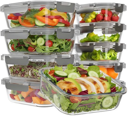 KitchenBrothers Meal Prep Bakjes - Vershoudbakjes Set - Luchtdicht - BPA-vrij - 1L en 370ml - Glas - 10 Stuks