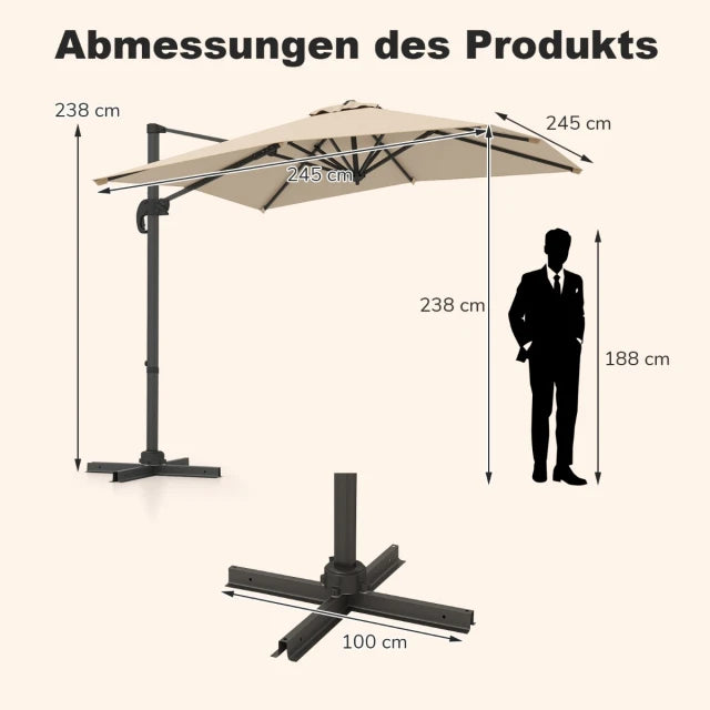 Coast Zweefparasol - 250 x 250 cm - Kantelbaar - 360° Draaibaar - Aluminium - Beige