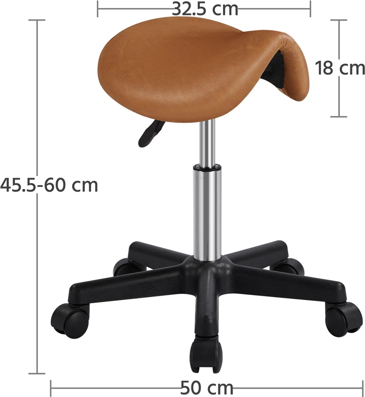 Yaheetech Zadelkruk Ergonomisch – Voorzien Van In Hoogte Verstelbare SGS-Gaslift En 360° Draaibare Nylon Wielen En Verchroomd Onderstel – Voor Kapsalon En Praktijk – Retro Bruin PU Kunstleer En Metaal – 50 x 50 x 45,5-60 cm