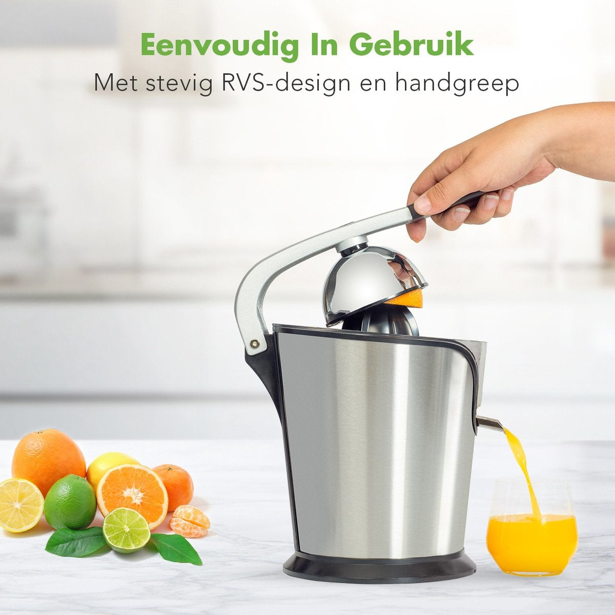 KitchenBrothers Citruspers - Elektrische Sinaasappelpers en Citroenpers met Pershendel - RVS - Zwart