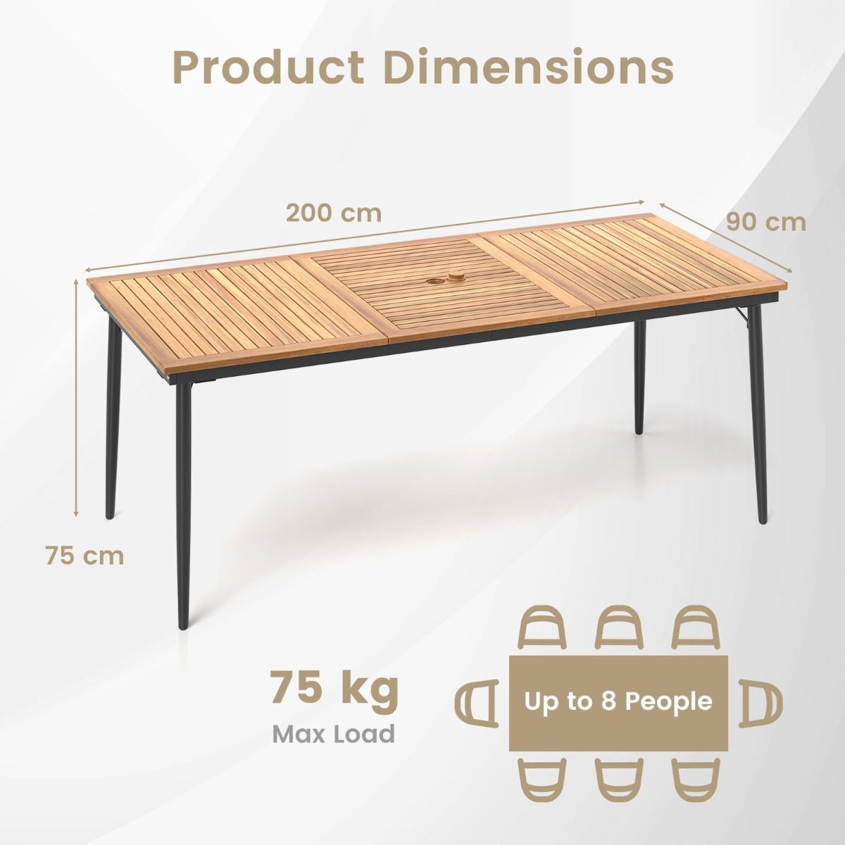 Coast tuintafel voor 8 personen - acaciahout met metalen poten - parasolgat 5 cm - naturel en zwart - 200 x 90 cm