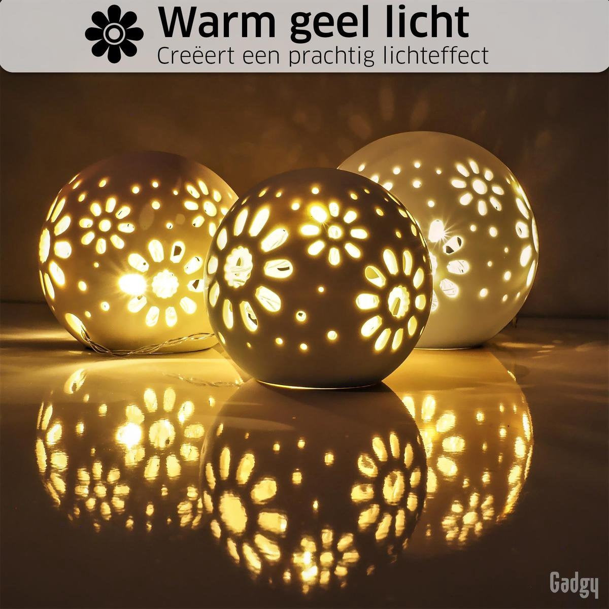 Gadgy Bollamp keramiek met Lichtsnoer - 3 st: Ø 8/10/12 cm - Tafellamp op Batterijen - Sfeerverlichting