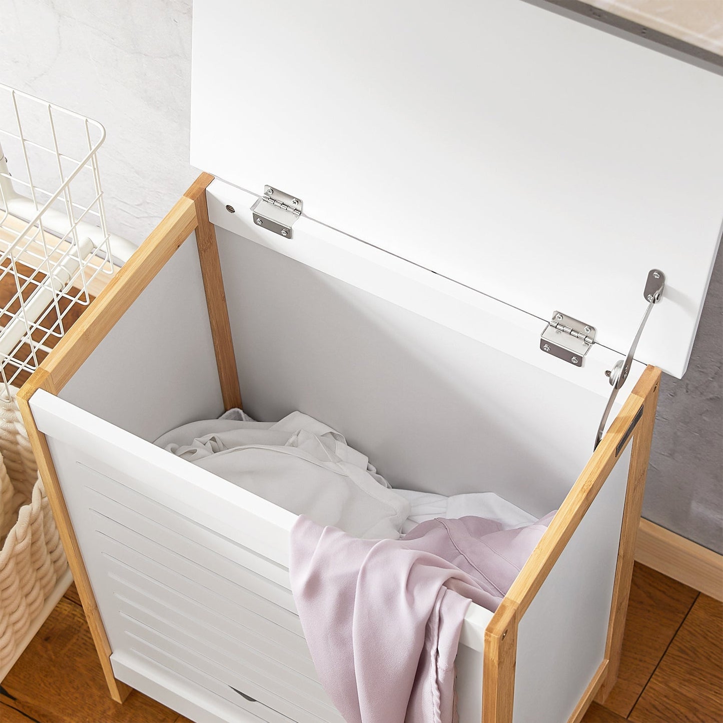 SoBuy Wasmand - met deksel - 69 x 13 x 54 cm - Wit