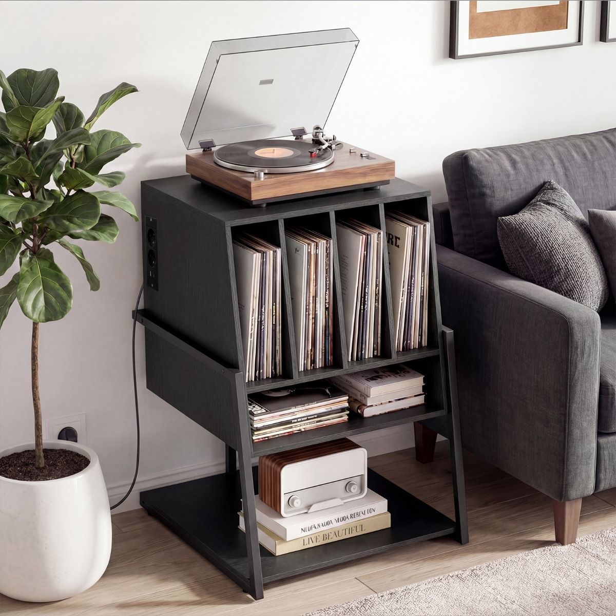 Coast Platenrek - houten opbergkast met oplaadstation - wieltjes of verstelbare poten - zwart/rustiek bruin - 54 x 57 x 76,5 cm