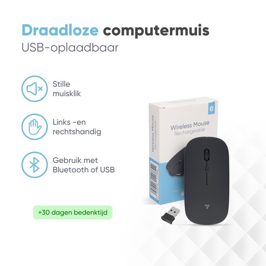 Trendfield Draadloze Muis - Oplaadbare Computermuis - Bluetooth - Ergonomische Muis met Stille Klik - Geschikt voor alle Laptops - Zwart