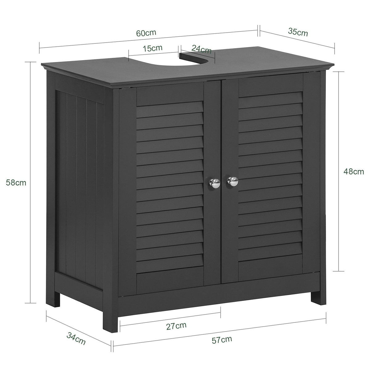 SoBuy Wastafelkastje – 2 Deuren, Verstelbare Plank – 60 x 35 x 58 cm – Grijs