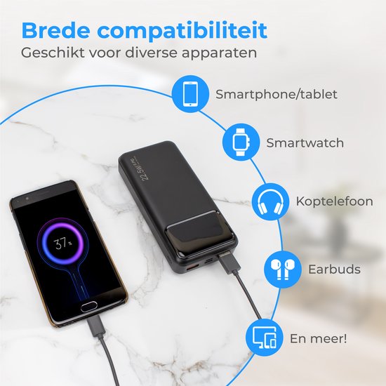 Nuvance - Powerbank 20000 mAh - 22.5W Snellaad Functie - USB, USB-C & Micro USB - Universeel voor Smartphones, Tablets & Gadgets - Reis Powerbanks - Zwart