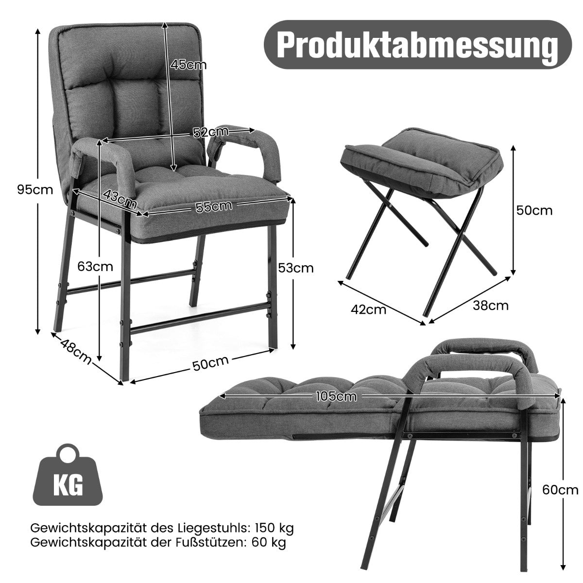 Coast AkzentStuHl + Ottoman gemaakt van linnenstof met verstelbare rugleuning en metalen frame grijs