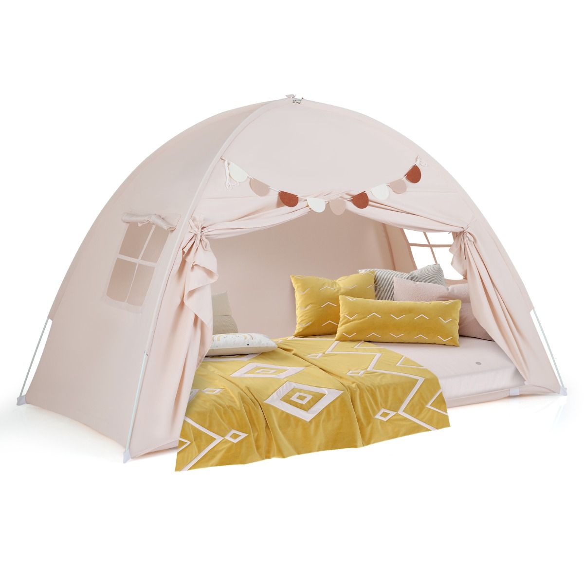 Coast Tweepersoons Kindertent - Opvouwbare baldakijntent - Met ramen en vlaggenbanner - 201 x 100 x 122 cm - Beige