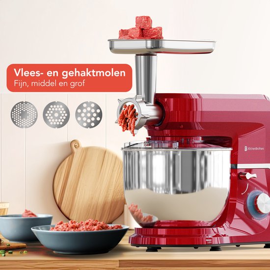 KitchenBrothers Keukenmachine - 6-in-1 Keukenrobot - 1500W - Met Gehaktmolen, Blender en 15 Accessoires - 6,2L RVS Kom - Rood