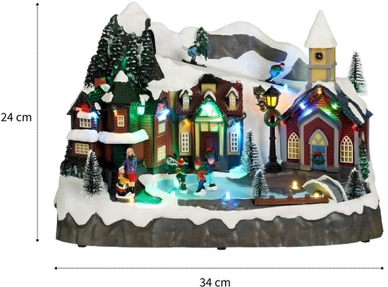 Luville Kerstdorp Miniatuur Dorpsplein - Kerstversiering met Schaatsende Bewoners - Kerst Decoratie met LED-verlichting en Draaiende Figuren - L34 x B18 x H24 cm - Wit