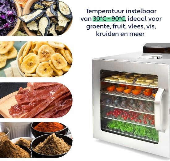 Vita5 Nobel S Voedseldroger – Droogoven - RVS – 24-Uurs Timer - 30-90°C – 400 Watt – Led-bedieningspaneel – Dehydrator – 6 Laags - Voedsel drogen op extreem lage temperatuur van slechts 30°C