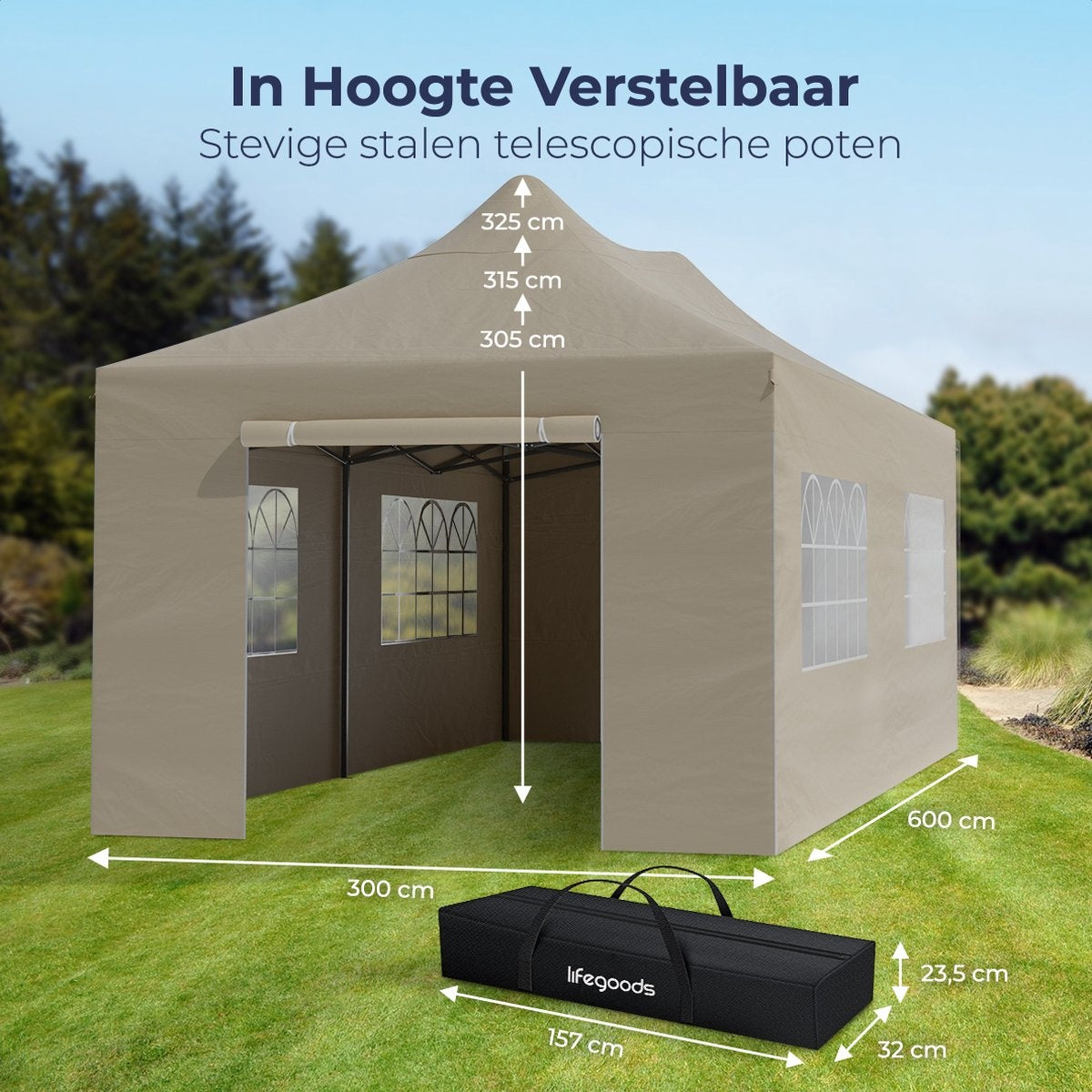 LifeGoods Partytent - Paviljoen - EasyUp - Opvouwbaar - 4 Zijwanden - Waterdicht - Met Draagtas met wieltjes - 300 x 600 cm - Beige