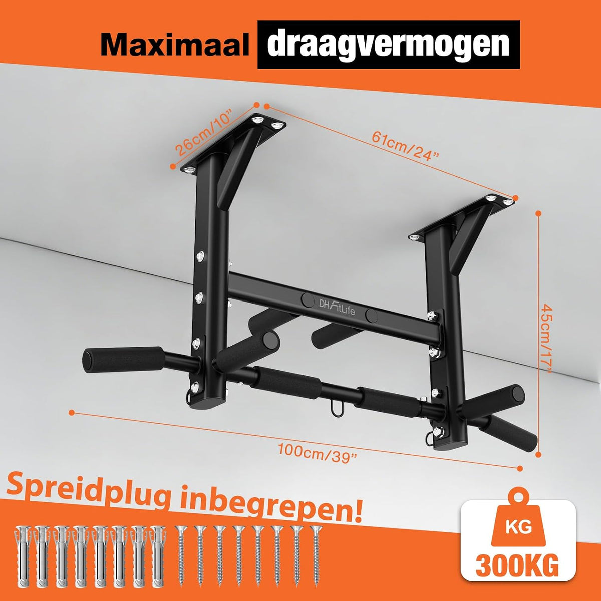DH FitLife Plafond Optrekstang 4-in-1 - 8 Grepen - Tot 300 kg - 44,5 x 25,5 cm - Zwart
