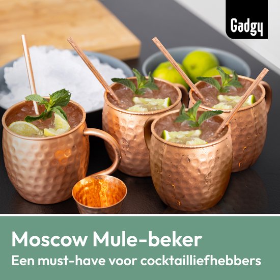 Gadgy Moscow Mule Bekers 4-delige Set - 100% Koper - Cocktailset : 4 Cocktailglazen, 4 Rietjes & 1 Barmaatje - Cadeau voor Vrouw en Man