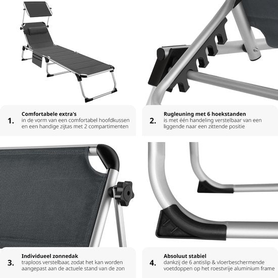 tectake® - ligstoel ligbed zonnebed gestoffeerd, inklapbaar - grijs - 220 x 60,5 x 34 cm, met zijvak