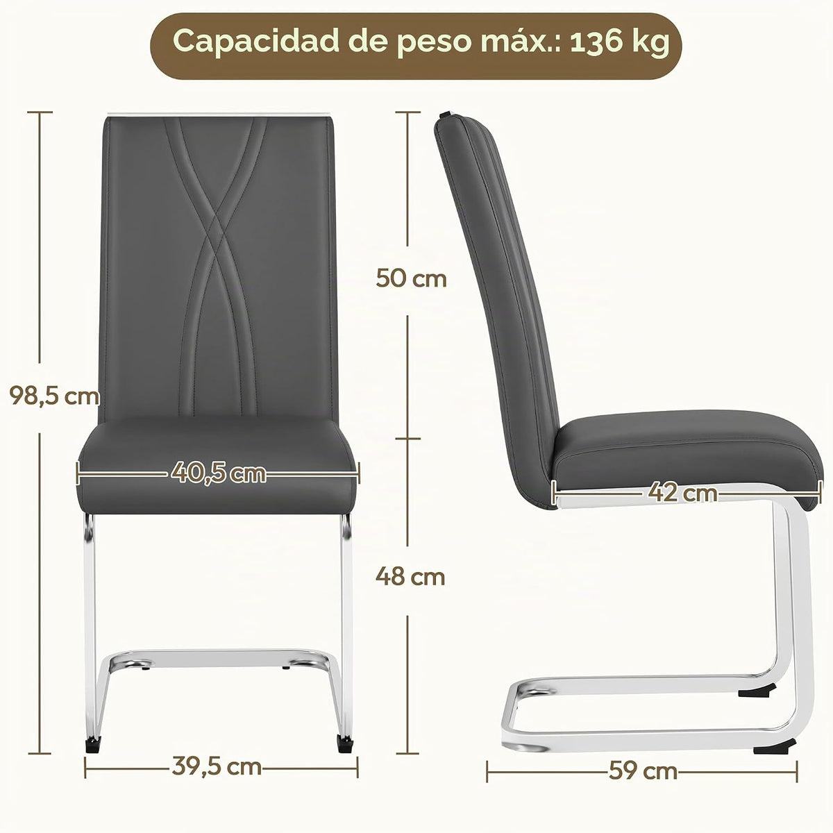 Yaheetech Eetkamerstoelen Set van 2 - Donkergrijs - Kunstleer - 136 kg - Ergonomische Rugleuning - Metalen U-frame