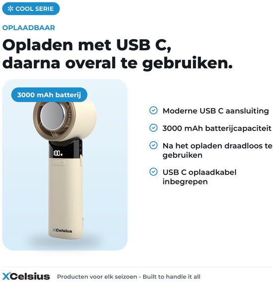 XCelsius® Handventilator - Draagbare Mini Ventilator Opvouwbaar - Oplaadbaar met USB-C - 0% tot 100% traploos instelbaar - Met Instant Koelplaat - Beige/Crème