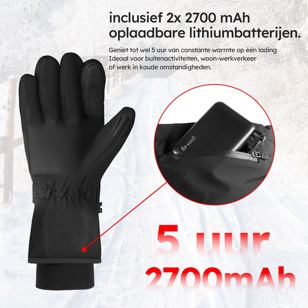 Saaf verwarmde handschoenen Pro M – 3 standen – Oplaadbaar – Water- en winddicht – Zwart – 28x11 cm
