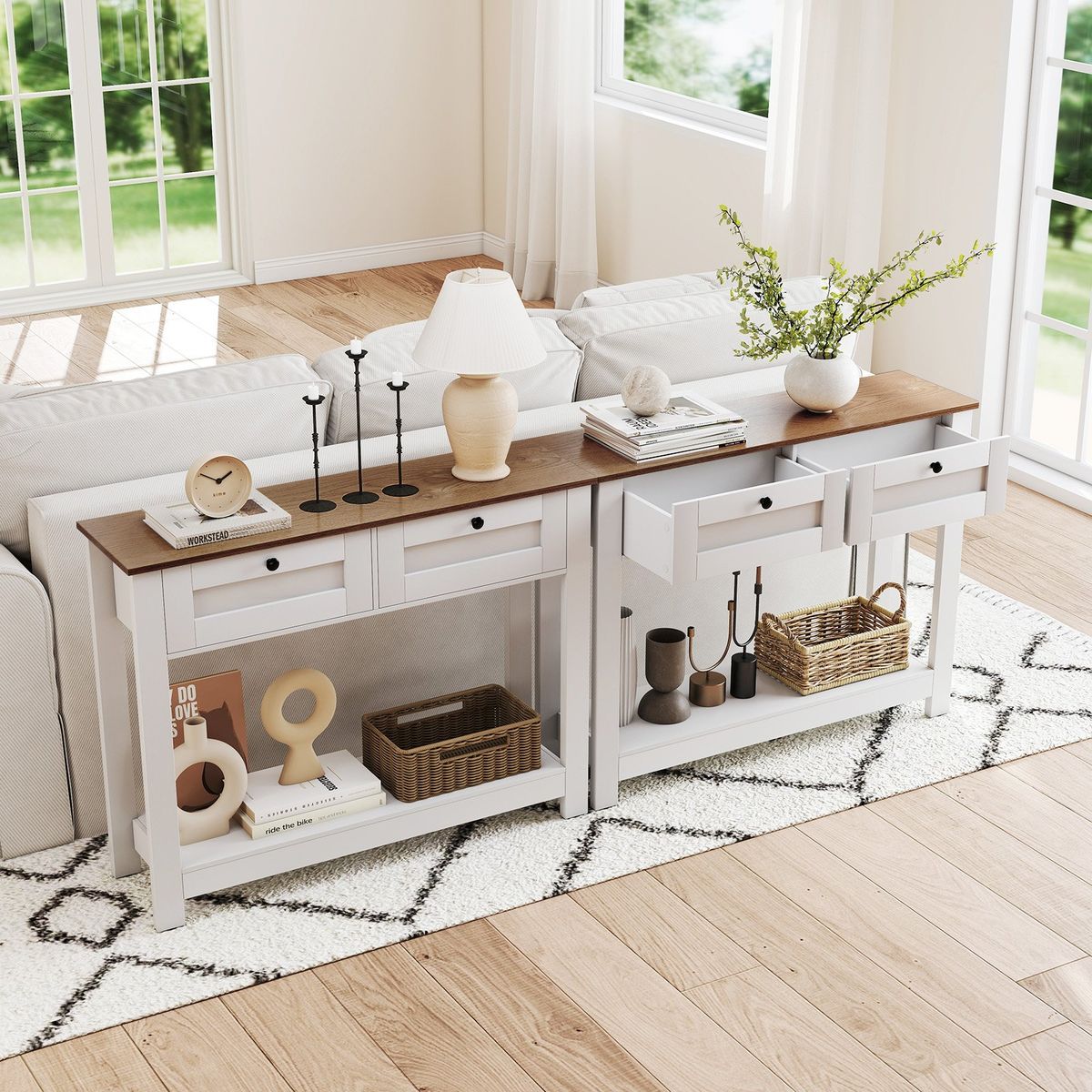 Coast Console Tafel - 2 lades - 2 niveaus - smal - wit en naturel