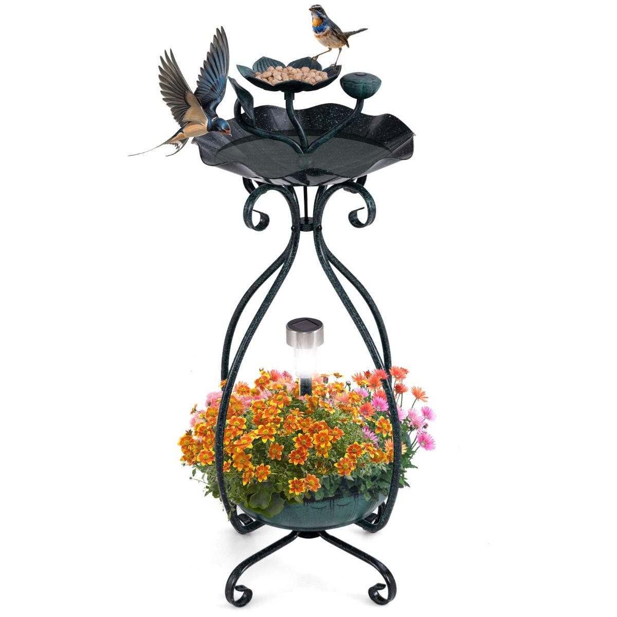 Coast Vogelbad met zonnepaneel - vogelvoederautomaat en bloempot - decoratieve lotus en bladeren - groen