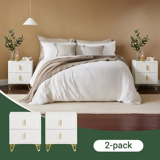 SoBuy 2-delige Nachtkastje met 2 Schuifladen - Bijzettafel - Sofa Bijzettafel - Salontafel - Slaapkamertafel - Bedtafel met 2 Lade voor Woonkamer, Slaapkamer, Kantoor, Wit, 40x40x47cm, FBT115-Wx2