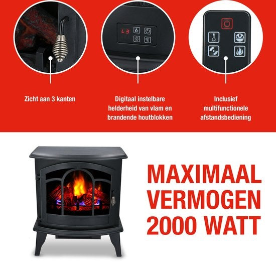 Alpina Elektrische Vicenza - Sfeerhaard - Afstandsbediening en Timer - LED Vlammen - 2000W - Zwart - Met Verwarming