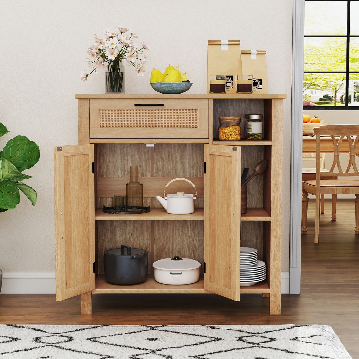Coast Houten Dressoir - Rotan deuren en lade - Verstelbaar rek - Naturel 75 x 30 x 80 cm