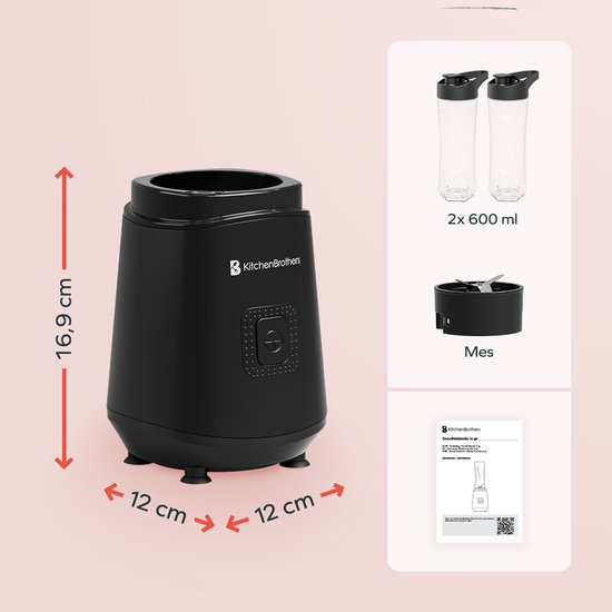 KitchenBrothers Mini Blender - Blender to Go - Smoothie Maker - 2 To-Go Bekers 600 ml - Zwart