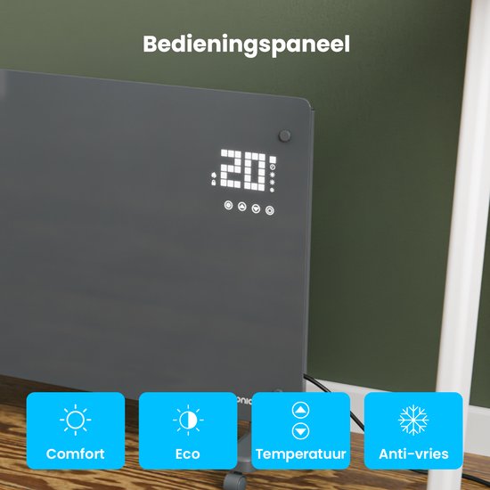 Auronic Elektrische Kachel – Convectorkachel met Thermostaat en Afstandsbediening - Glazen Paneelverwarming - 2000W Heater - Grijs