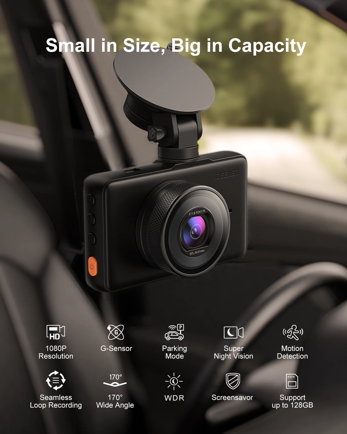 iZEEKER GD100 Dashcam 1080P - 3 Inch Scherm - Nachtzicht, 170° Groothoek, G-Sensor