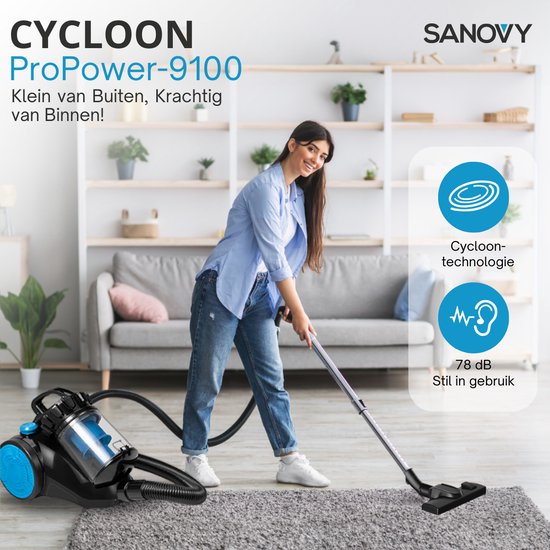 Sanovy ProPower-9100 - Krachtige Stofzuiger - Zonder Zak - 3L - Compact - Blauw