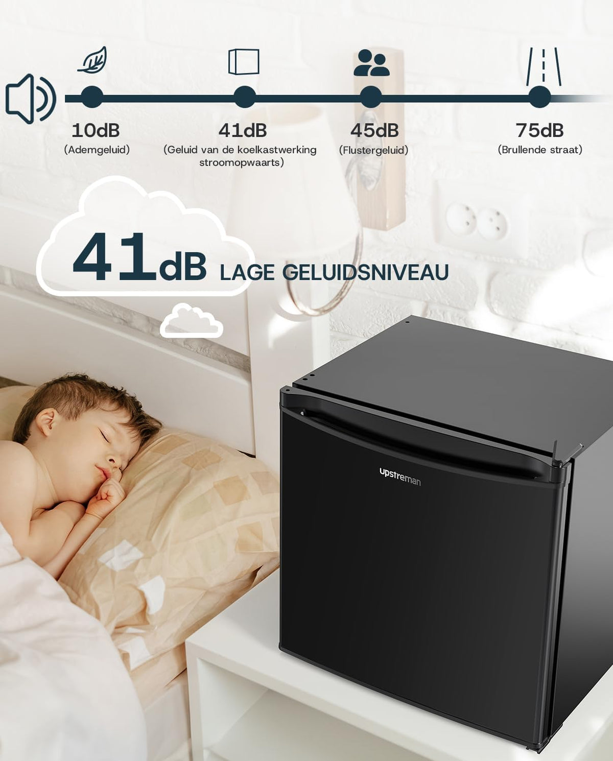 Upstreman Mini-Koelkast Met Vriesvak FR17 – 46 Liter – 41 dB Stil – Zwart – Metaal
