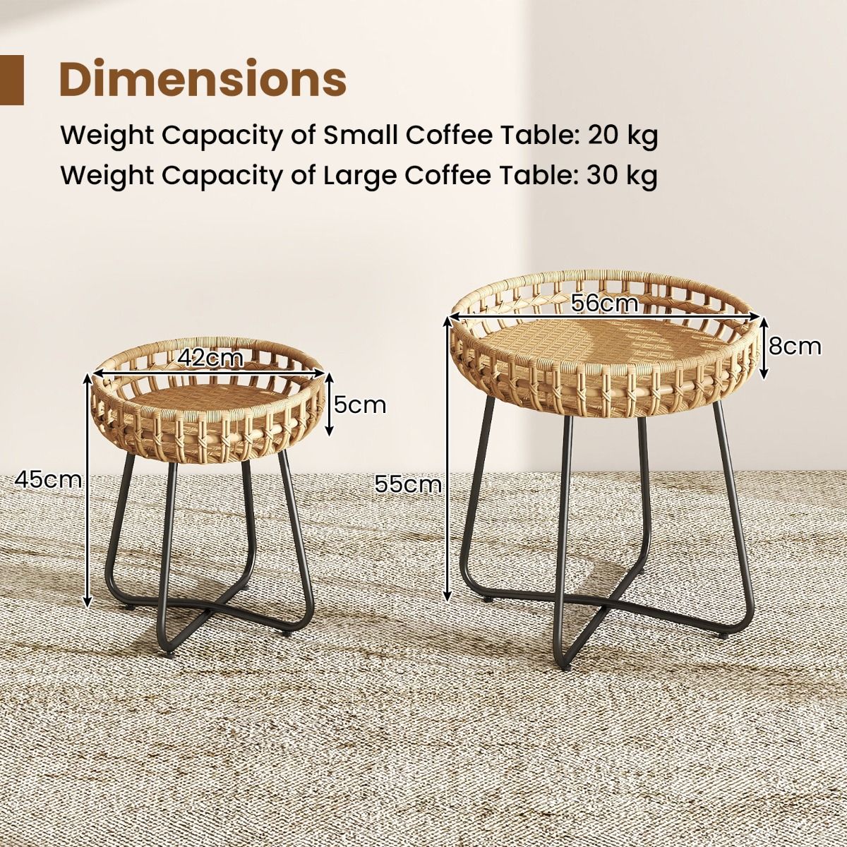 Coast Set van 2 Ronde Salontafels - Handgeweven rotan - Metalen onderstel - Bruin en zwart