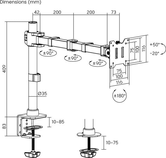 VDD - Monitorarm - Monitorarm 1 scherm - Monitorarm 49 inch - Heavy Duty monitorarm - max 20 kg - max 49 inch - 1 monitor